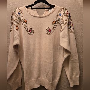 Vintage 80s Maggie JAM Embellished Shoulder-Pad Sweater | Beaded | Ramie Cotton